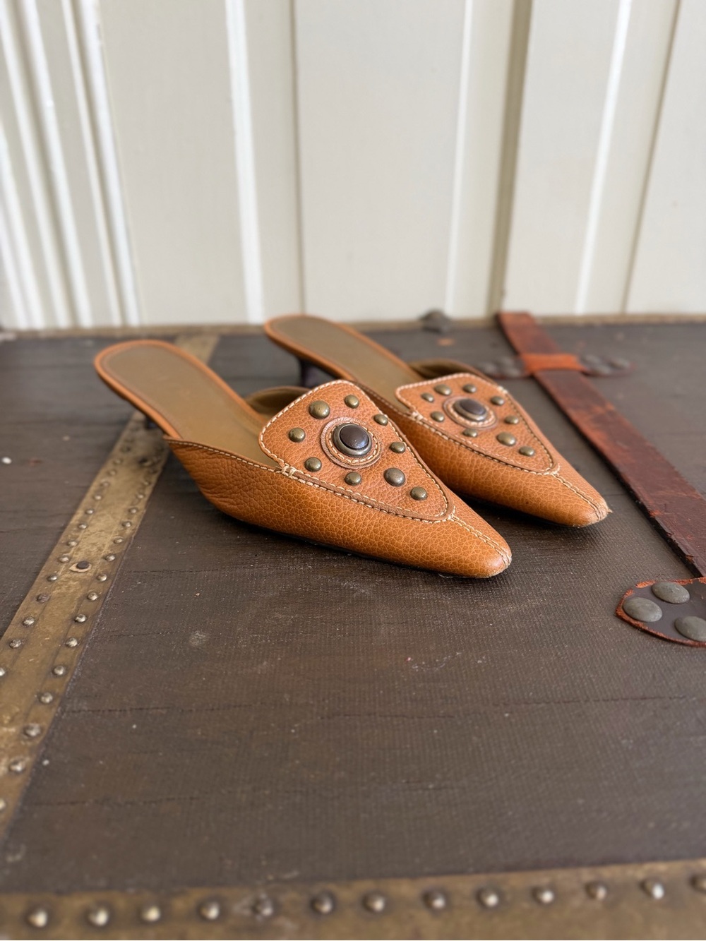 Brown Studded Pointed-Toe Mule Slides - Women
